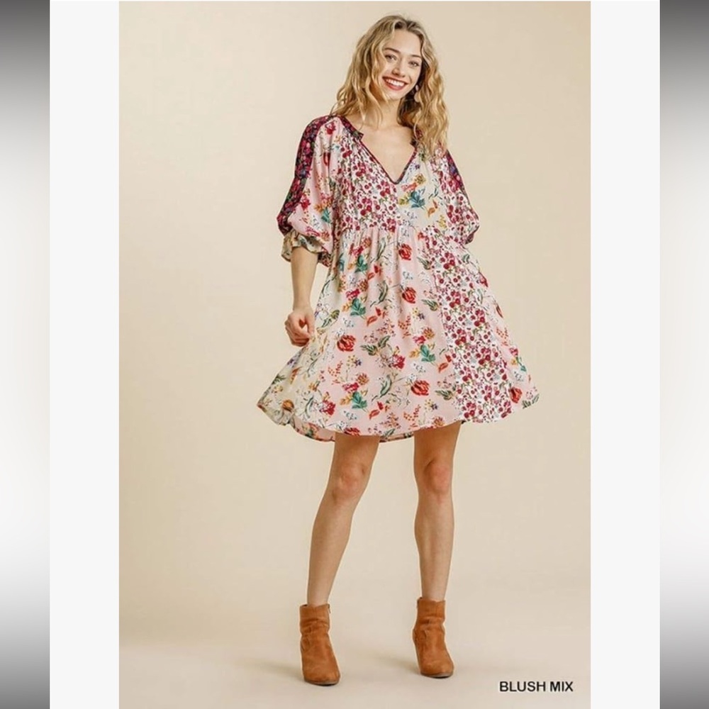 Umgee Blush Mix Floral Mini Dress - Pink Multicolor